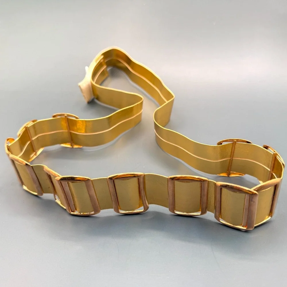 Gold Tone Wide Waist Belt Rectangular Accents Statement Vintage Retro Costume